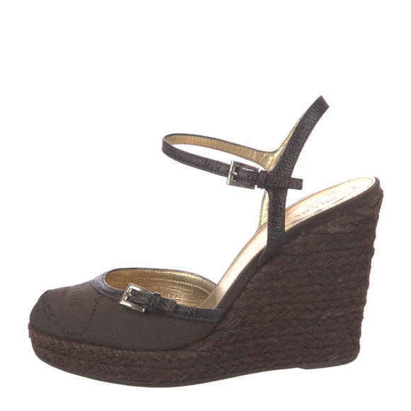Prada brown canvas logo espadrille wedge sandal IT 37.5 - Picture 4 of 7